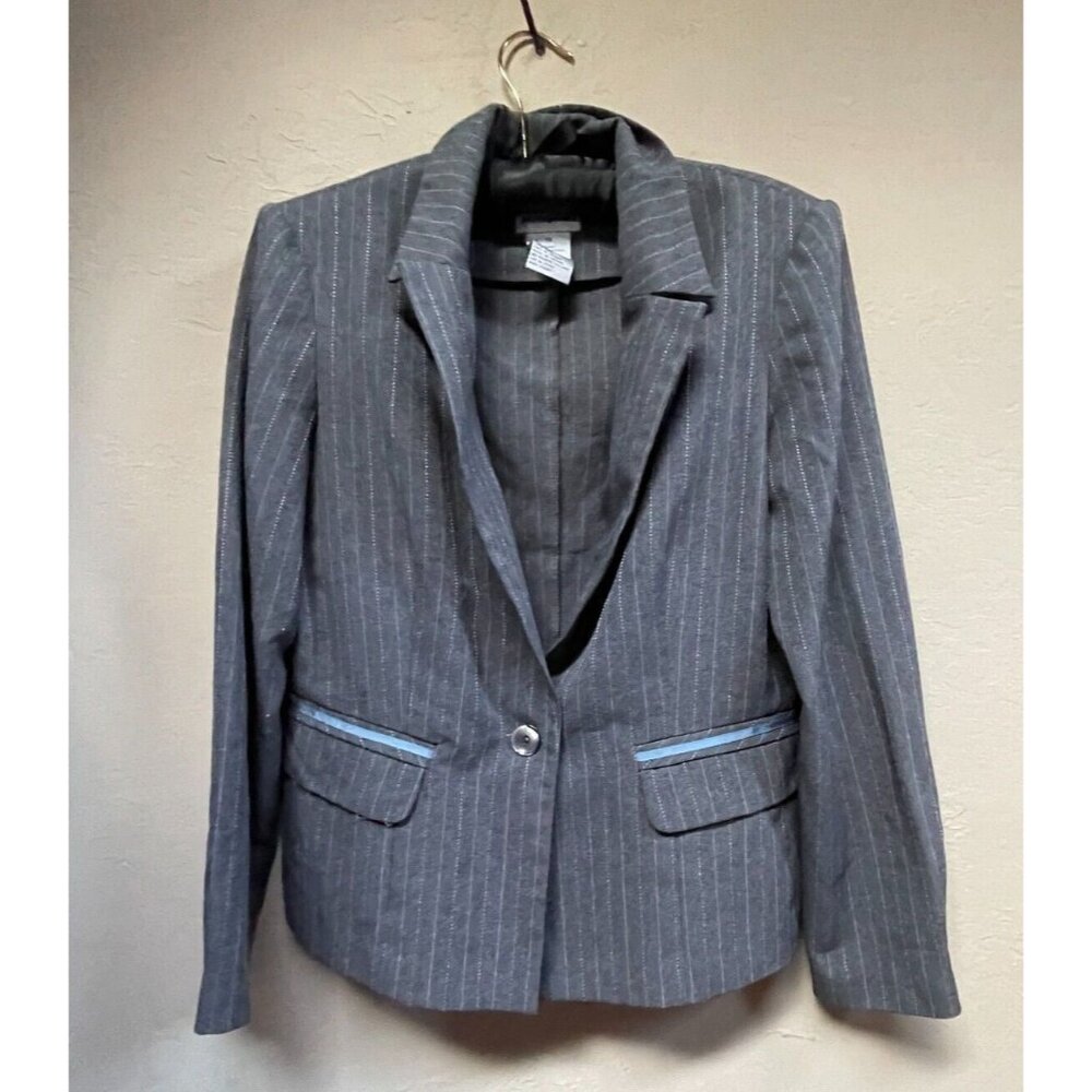 Perceptions Womens Gray Pinstripe Singe-Button Blazer Jacket Size 10 Lightweight